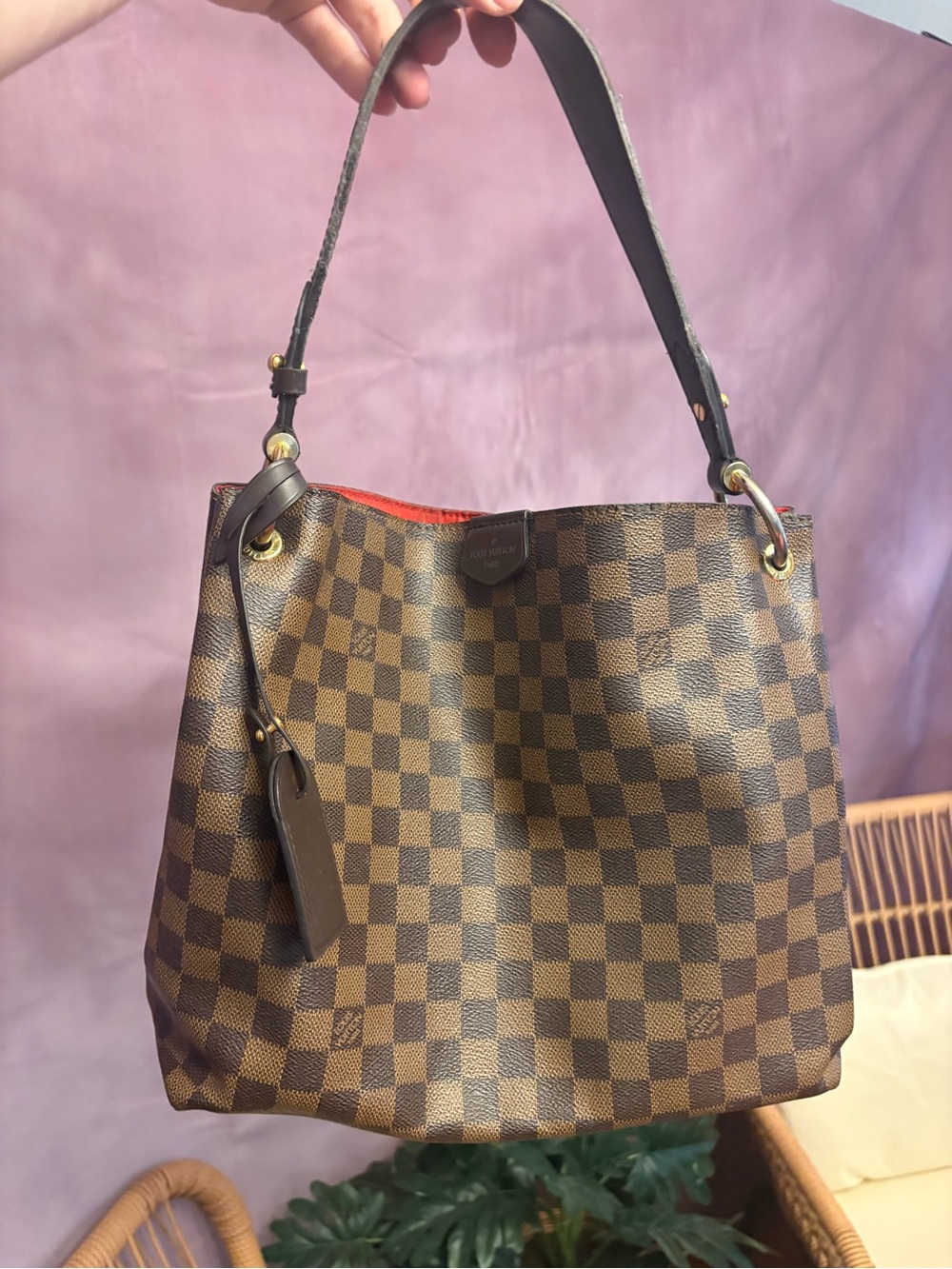 Verified Louis Vuitton Brown and Tan Checkered Graceful Tote with Red Interior